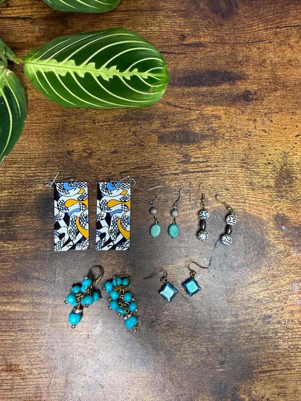 Lot 5 Pairs Asst Costume Earrings - Turquoise Style, Graphic Print, Beaded